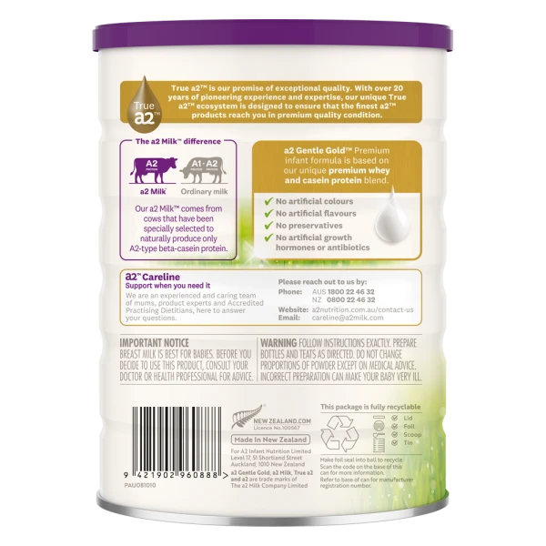 Sản phẩm dinh dưỡng công thức cho trẻ từ 0-6 tháng tuổi a2 Gentle Gold Premium Infant Formula (800G)
