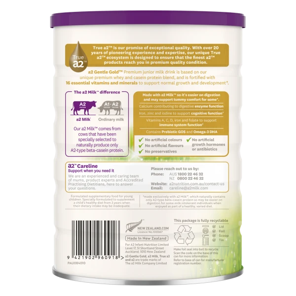 Sản phẩm dinh dưỡng công thức cho trẻ từ 3 tuổi a2 Gentle Gold Premium Junior Milk Drink (800g)
