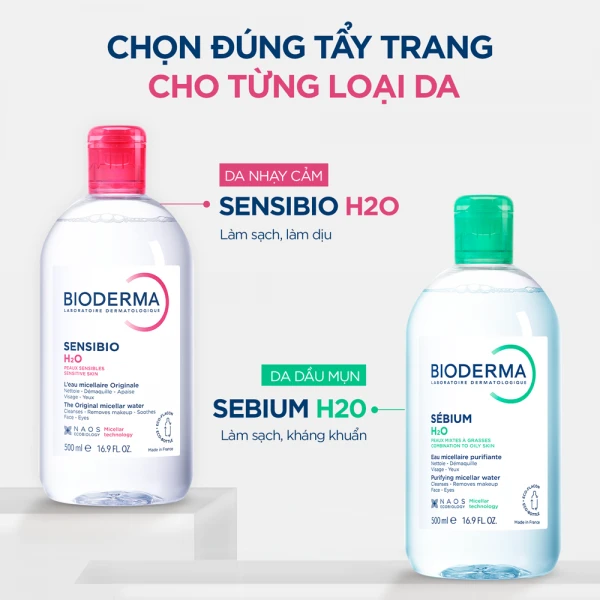 Dung dịch làm sạch và tẩy trang Micellar cho da thường và da nhạy cảm Bioderma Sensibio H2O 500ml