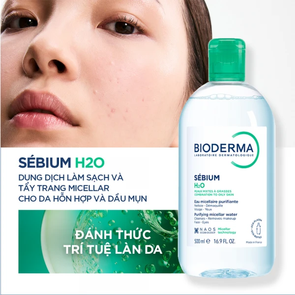 Dung dịch làm sạch và tẩy trang Micellar cho da hỗn hợp và da dầu Bioderma Sébium H2O 500ml