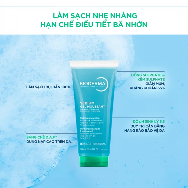 Gel rửa mặt tạo bọt cho da hỗn hợp và da dầu Bioderma Sébium Gel Moussant 200ml