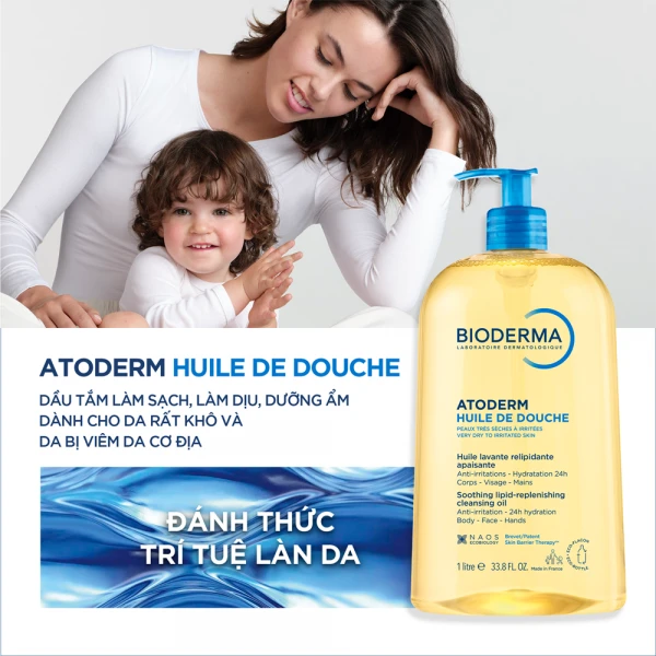 Dầu tắm giúp làm sạch, làm dịu và dưỡng ẩm dành cho da khô, da nhạy cảm Atoderm Huile De Douche 1L