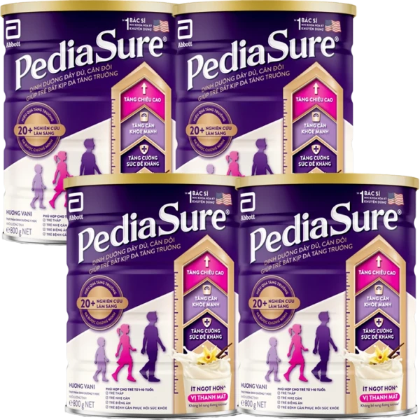 Combo 4 TPDDYH Pediasure ít ngọt hương vani 800g (1-10 tuổi)