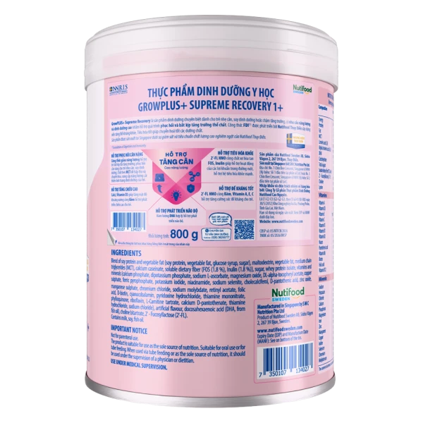 Thực phẩm dinh dưỡng y học NutiFood Sweden GrowPLUS+ Supreme Recovery 1+ cho bé từ 1 tuổi (800g)