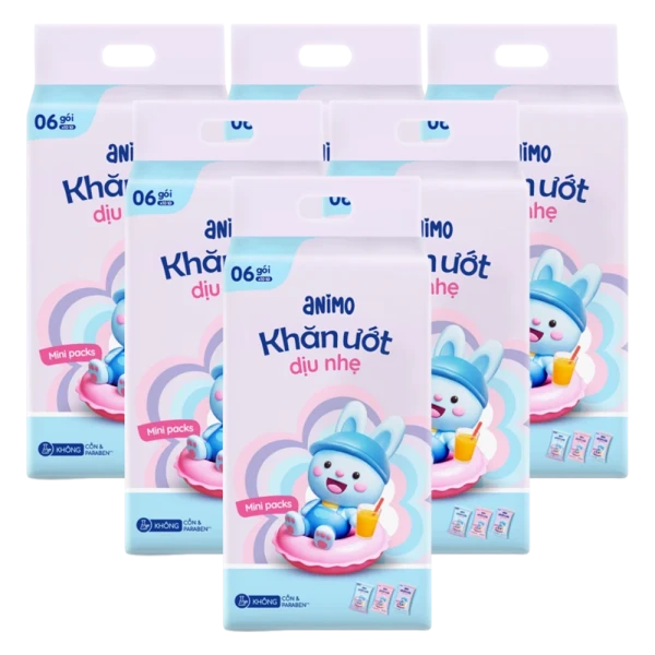 Combo 6 Khăn Ướt Dịu Nhẹ Animo Minipacks (6 gói x 10 tờ)
