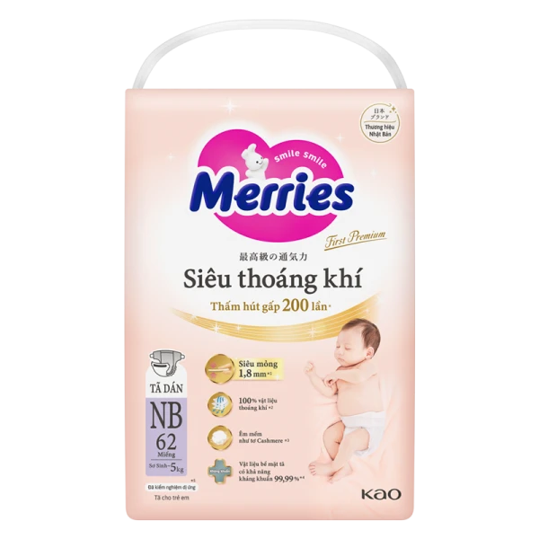 Tã dán Merries First Premium siêu thoáng khí NB 62 miếng (Sơ sinh - 5kg)