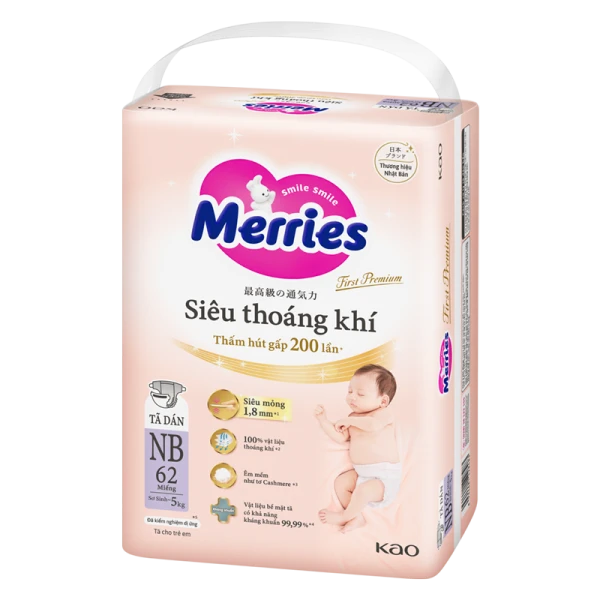 Tã dán Merries First Premium siêu thoáng khí NB 62 miếng (Sơ sinh - 5kg)