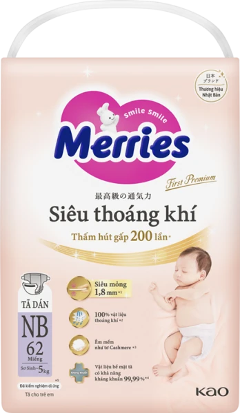 Tã dán Merries First Premium siêu thoáng khí NB 62 miếng (Sơ sinh - 5kg)