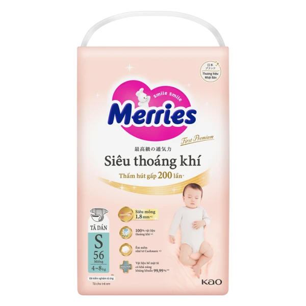 Tã dán Merries First Premium siêu thoáng khí size S 56 miếng (4–8kg)