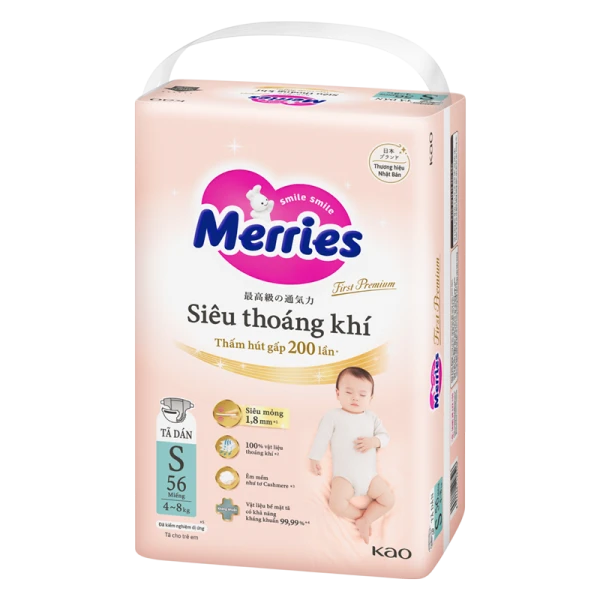 Tã dán Merries First Premium siêu thoáng khí size S 56 miếng (4–8kg)
