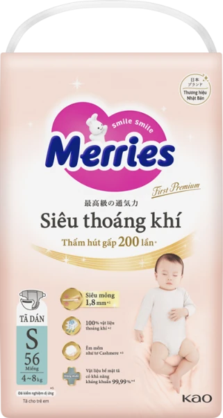 Tã dán Merries First Premium siêu thoáng khí size S 56 miếng (4–8kg)