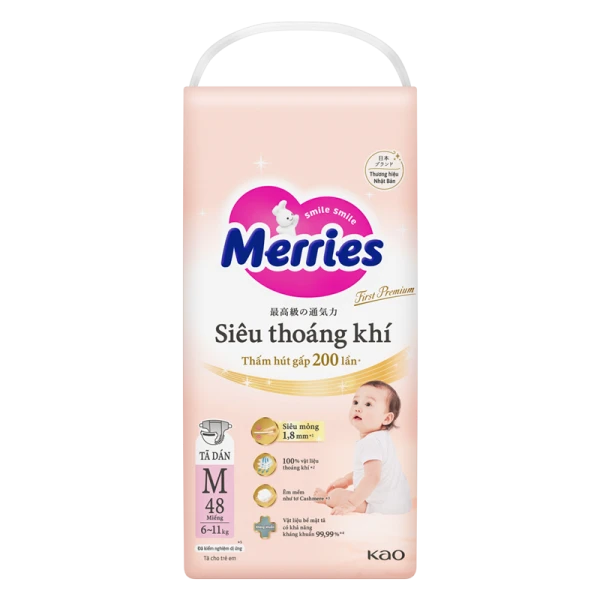 Tã dán Merries First Premium siêu thoáng khí size M 48 miếng (6–11kg)