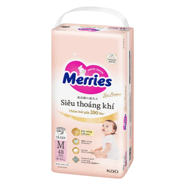Tã dán Merries First Premium siêu thoáng khí size M 48 miếng (6–11kg)