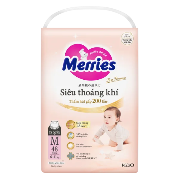 Tã quần Merries First Premium siêu thoáng khí size M 48 miếng (6–11kg)