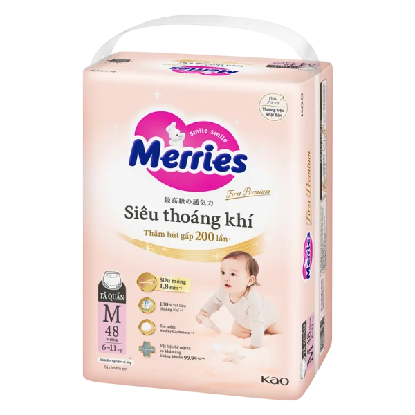 Tã quần Merries First Premium siêu thoáng khí size M 48 miếng (6–11kg)