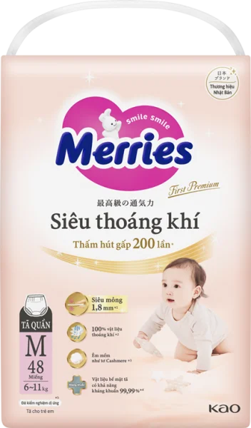 Tã quần Merries First Premium siêu thoáng khí size M 48 miếng (6–11kg)
