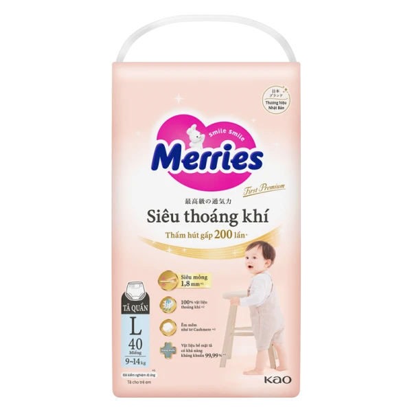 Tã quần Merries First Premium siêu thoáng khí size L 40 miếng (9–14kg)
