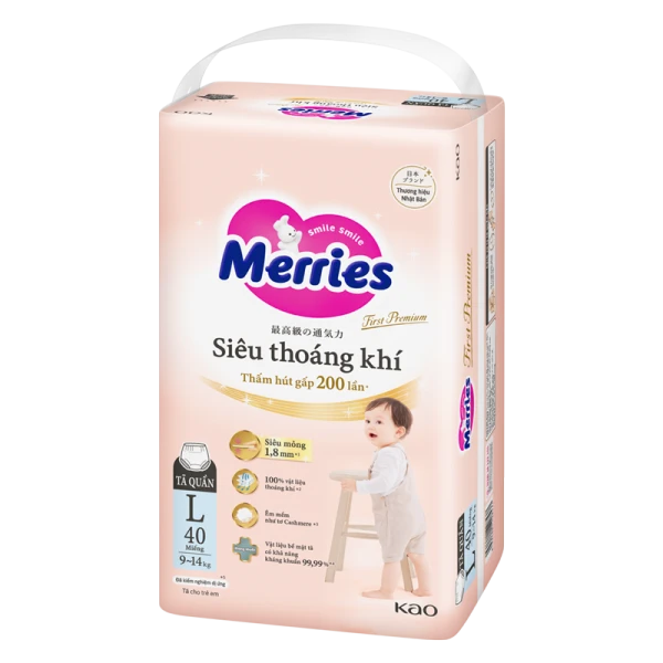 Tã quần Merries First Premium siêu thoáng khí size L 40 miếng (9–14kg)