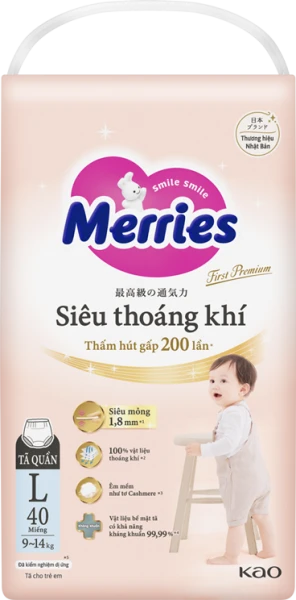 Tã quần Merries First Premium siêu thoáng khí size L 40 miếng (9–14kg)