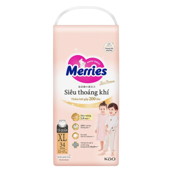 Tã quần Merries First Premium siêu thoáng khí size XL 34 miếng (12–17kg)