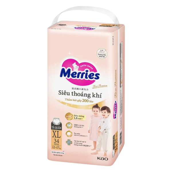 Tã quần Merries First Premium siêu thoáng khí size XL 34 miếng (12–17kg)