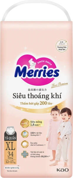 Tã quần Merries First Premium siêu thoáng khí size XL 34 miếng (12–17kg)