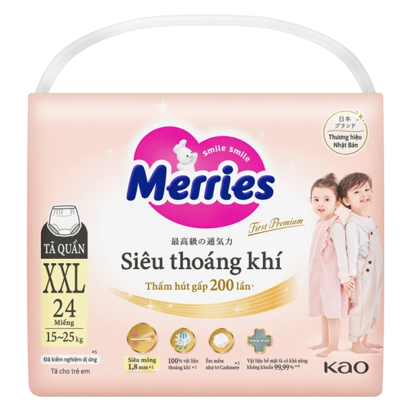 Tã quần Merries First Premium siêu thoáng khí size XXL 24 miếng (15–25kg)