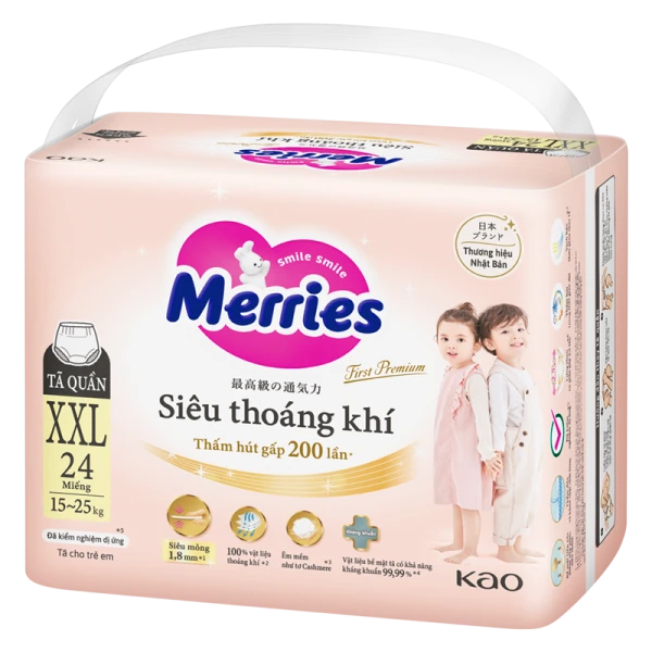 Tã quần Merries First Premium siêu thoáng khí size XXL 24 miếng (15–25kg)