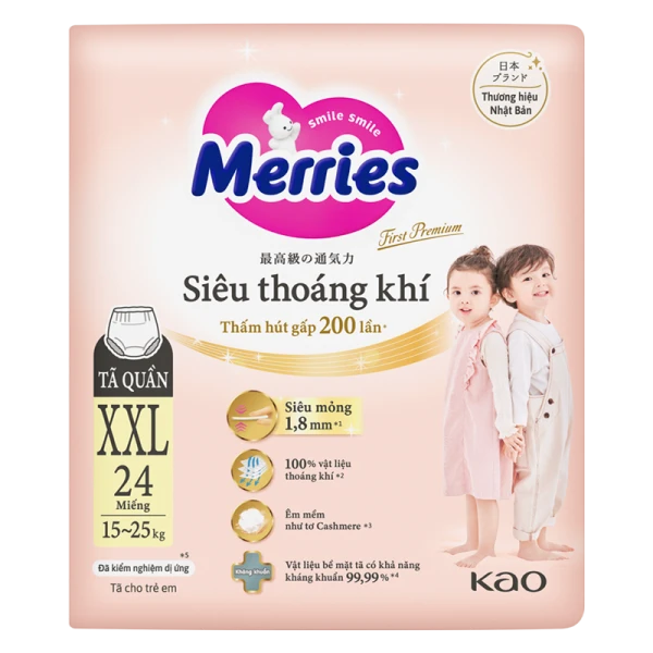 Tã quần Merries First Premium siêu thoáng khí size XXL 24 miếng (15–25kg)