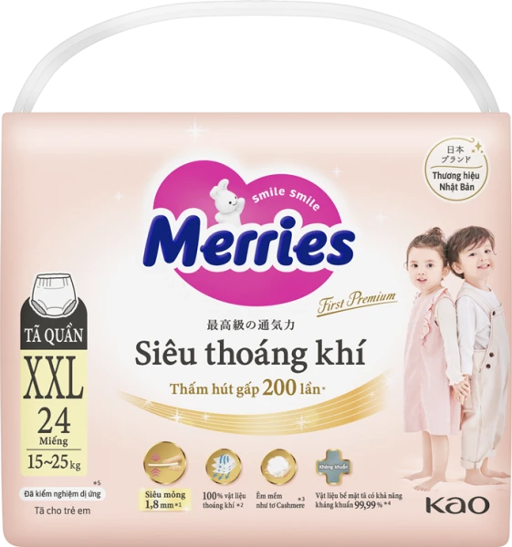 Tã quần Merries First Premium siêu thoáng khí size XXL 24 miếng (15–25kg)
