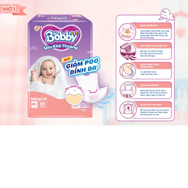 Miếng lót Bobby size Newborn 2 60 miếng (4-7kg) (giao bao bì ngẫu nhiên)