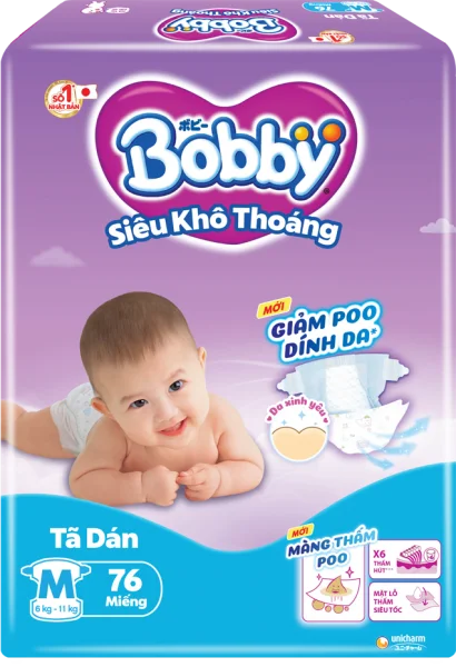 Bỉm tã dán Bobby siêu thấm size M 76 miếng (6-10kg) (giao bao bì ngẫu nhiên)