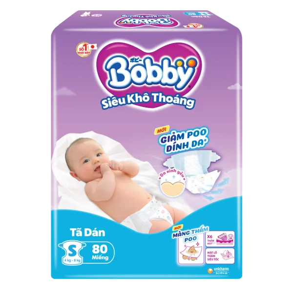Combo 2 Tã dán Bobby siêu thấm - khô thoáng  (S, 4-8kg, 80 miếng)