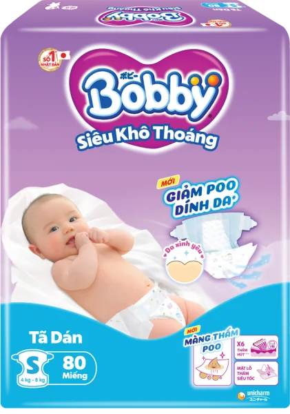 Tã dán Bobby siêu thấm - khô thoáng  (S, 4-8kg, 80 miếng) (giao bao bì ngẫu nhiên)