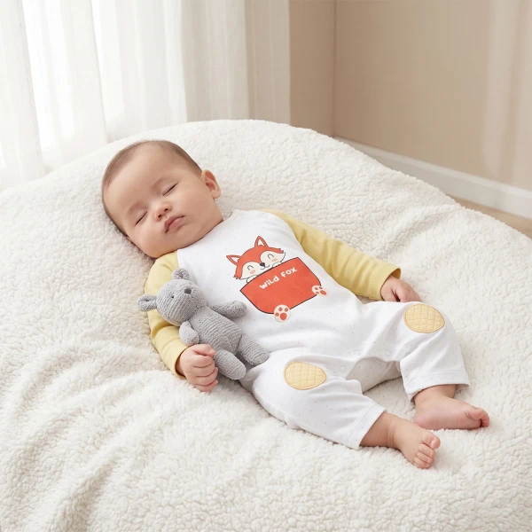 Bodysuit đông bé trai dài Animo Fox FW26 VD0726067 (0-12M,Trắng-lá nhạt)