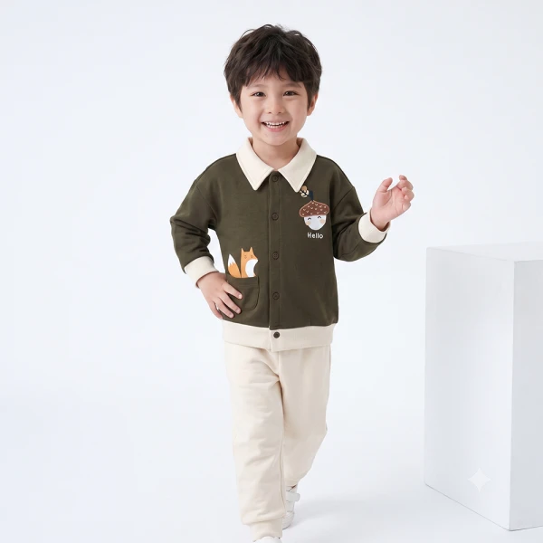 Bộ đông bé trai dài polo Animo Sồi và Sóc FW26 HN0826019 (1-4Y,Rêu-Kem)