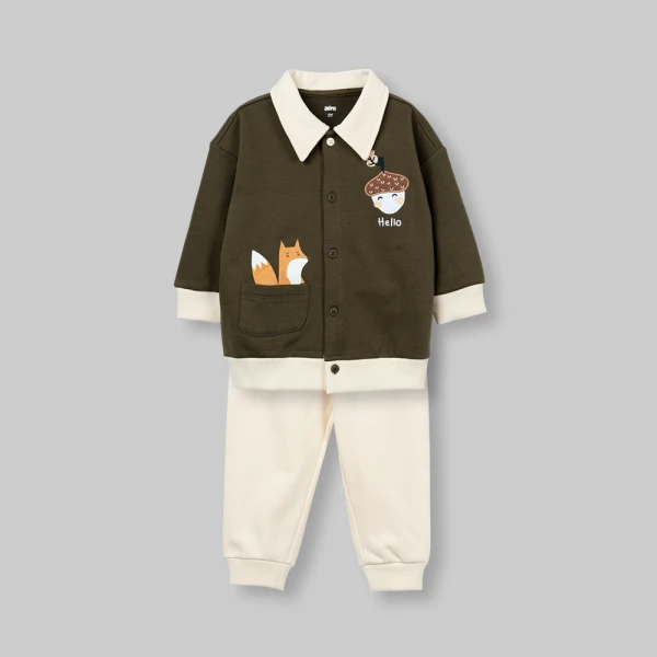 Bộ đông bé trai dài polo Animo Sồi và Sóc FW26 HN0826019 (1-4Y,Rêu-Kem)