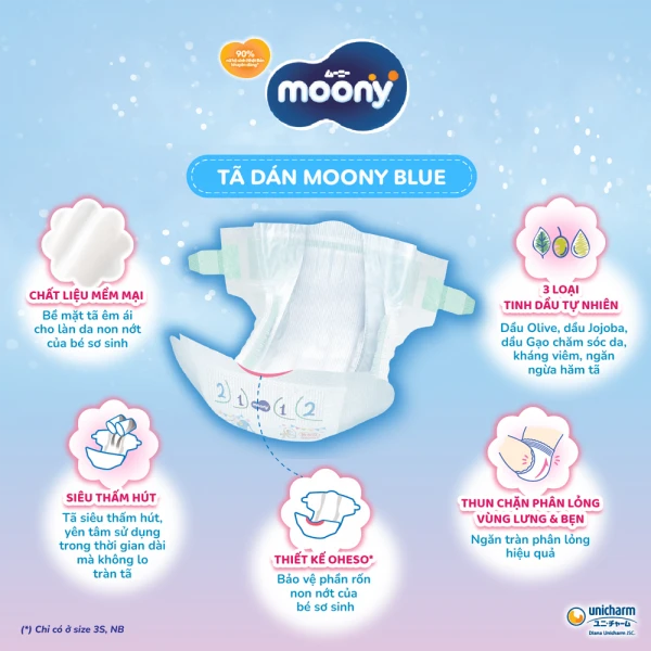 Tã dán Moony Blue size NB cho bé dưới 5kg (76 miếng)