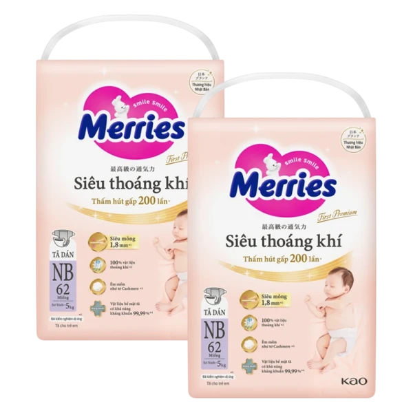 Combo 2 gói tã dán Merries First Premium size NB (62 miếng/gói)