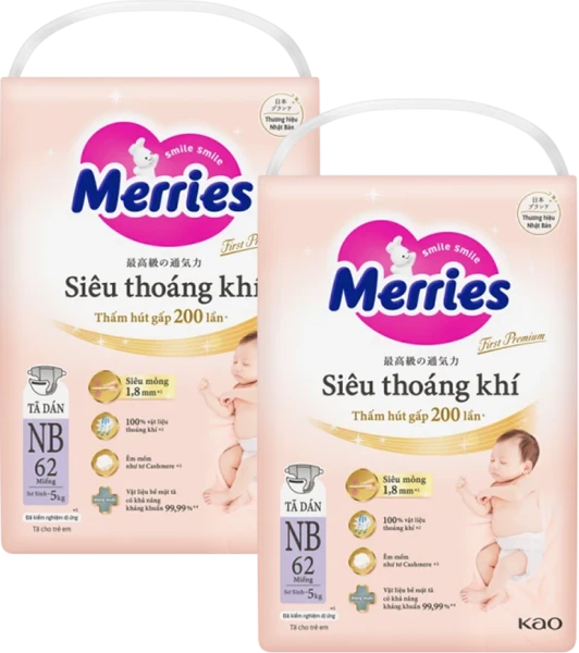 Combo 2 gói tã dán Merries First Premium size NB (62 miếng/gói)