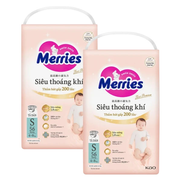 Combo 2 gói tã dán Merries First Premium size S (56 miếng/gói)