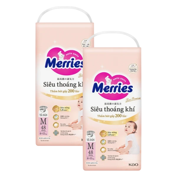 Combo 2 gói tã dán Merries First Premium size M (48 miếng/gói)