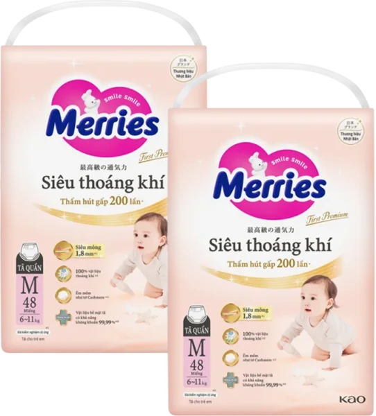 Combo 2 gói tã quần Merries First Premium size M (48 miếng/gói)