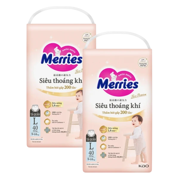 Combo 2 gói tã quần Merries First Premium size L (40 miếng/gói)