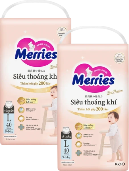 Combo 2 gói tã quần Merries First Premium size L (40 miếng/gói)