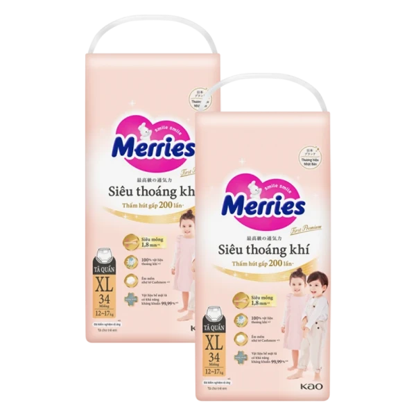 Combo 2 gói tã quần Merries First Premium size XL (34 miếng/gói)