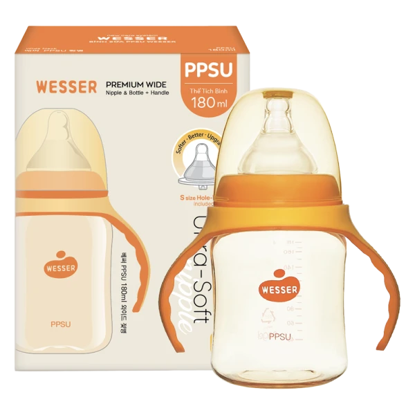 Bình sữa Wesser PPSU cổ rộng 180ml, núm ty size S cho bé 0–3 tháng