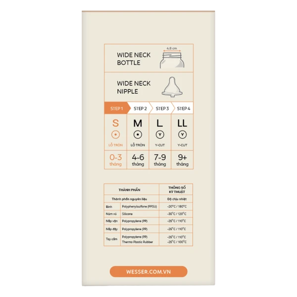 Bình sữa Wesser PPSU cổ rộng 180ml, núm ty size S cho bé 0–3 tháng