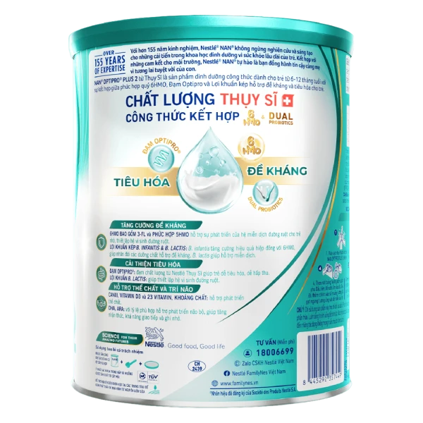Sữa bột Nestlé NAN OPTIPRO PLUS 2 6HMO cho trẻ 6–12 tháng tuổi (Lon 800g)