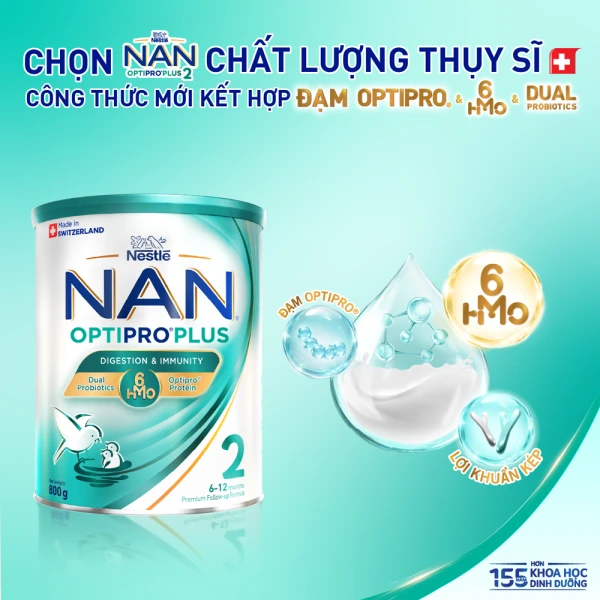 Sữa bột Nestlé NAN OPTIPRO PLUS 2 6HMO cho trẻ 6–12 tháng tuổi (Lon 800g)